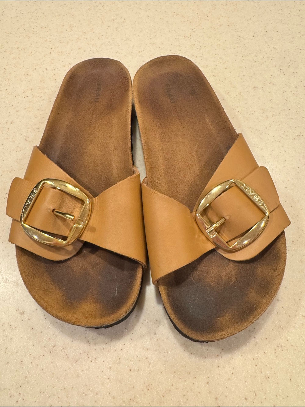 Women's Tan Slide FRAU sandals, Italian leather with gold buckle.